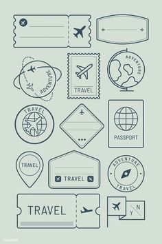 travel stamps and badges are shown in this illustration