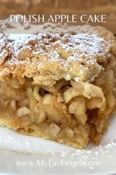 a close up of a piece of food on a plate with the words polish apple cake