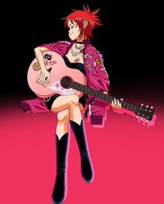 a woman sitting on top of a pink floor holding a guitar