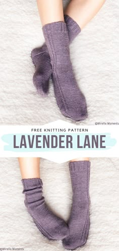 a woman's legs with purple socks and text that reads free knitting pattern lavender lane