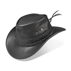 "Zalupe Outback Leather Hat Handmade in Brazil with high quality comfortable, durable leather, for cowboy themed party and as a gift. Our western hats for men and women are multipopuse used as fashion and to save yourself from weather. - For help in size selection, please check the size chart. - Curved flaps with inner wire which always maintain their shape. - Crown: 4.13\" | Brim: 2.33\" Exchange & Returns Policy: We do not accept return due to the high import taxes in our country. We recom Black Western Top Hat For Outdoor, Western Style Adjustable Black Hat, Adjustable Black Hat For Rodeo, Adjustable Black Fedora For Outdoor, Black Fedora With Curved Brim For Outdoor, Black Short Brim Fedora For Outdoor, Black Flat Brim Top Hat For Outdoor, Adjustable Black Top Hat For Outdoor, Classic Black Adjustable Bucket Hat