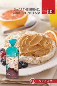 a plate with rice, fruit and peanut butter on it next to a bag of peanut butter