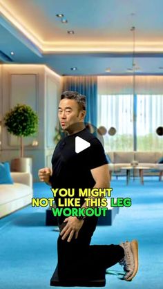 a man standing on top of a yoga mat in front of a living room filled with furniture