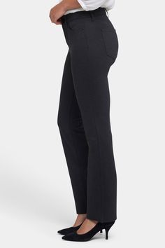 Our most popular silhouette, now in super-sculpting compression ponte. NYDJ's Marilyn Straight Pants have a flattering and versatile straight-leg fit that elongates the figure, and this pair is designed to be especially sleek with unique high-tech fabric that shapes and supports. Lift Tuck® Technology uses a proprietary slimming panel with a patented criss-cross design to flatten in front and lift in back for even more smoothness. The styling of this pair is finished with five pockets and a zip fly with button closure. These pants are part of Sculpt-Her™, NYDJ's most novel collection of compression-contouring silhouettes with an unparalleled, cutting-edge fit. | NYDJ Women's Marilyn Straight Pants in Charcoal Heathered, Regular, Size: 2 Stretch Bottoms With Straight Silhouette For Fall, Straight Leg Pants For Pilates, Straight Leg Elastane Pants For Pilates, Fitted Pants For Pilates With 5-inch Inseam, Straight Silhouette Stretch Elastane Pants, Stretch Elastane Pants With Straight Silhouette, Black Stretch Straight Pants, Straight Leg Yoga Pants For Pilates, Fitted Athleisure Pants With Straight Hem