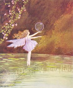 a fairy is holding a frisbee in her hand as she walks through the water