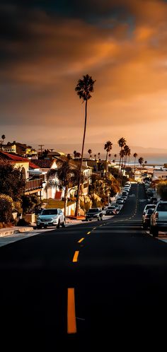 cars are parked on the side of an empty road at dusk with palm trees in the background