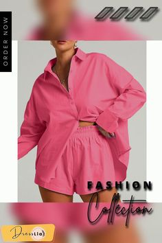 Long Sleeve Loose Shirt Tops Casual Shorts Suit Spring Solid Color Collared Sets, Pink Long Sleeve Sets For Day Out, Flat Pant, Loose Shirt, Tops Casual, Loose Shirts, Turndown Collar, Short Suit, Fashion Flats