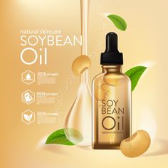 an advertisement for soy bean oil on a yellow background with green leaves and droppers