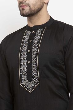 Black Designer Wear Sets With Motifs, Black Chanderi Kurta With Embroidered Border, Black Long Sleeve Kurta For Transitional Season, Unstitched Black Cotton Salwar Kameez, Black Embroidered Cotton Sets, Traditional Kurta With Printed Motifs For Eid, Black Semi-stitched Salwar Kameez With Embroidered Border, Black Salwar Kameez With Embroidered Border For Festive Occasions, Unstitched Black Salwar Kameez With Embroidered Border