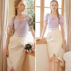 薄紫の花びらトップスと花柄刺繍チューリップスカート Spring Purple Fitted Sets, Fitted Purple Spring Sets, Fitted Purple Sets For Spring, Lavender Cotton Sets For Spring, Purple Ruffled Sets For Spring, Cottagecore Fitted Skirt For Spring, Spring Purple Ruffled Sets, Fitted Cottagecore Skirt For Spring, Purple Floral Print Skirt For Spring