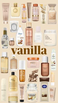 the words vanilla are surrounded by many different types of skin care products in brown letters