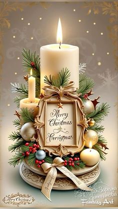 a christmas card with a candle and ornaments on it, in the middle of an ornate frame