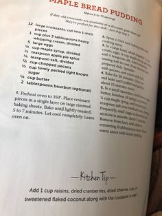 an open recipe book with instructions on how to make bread pudding