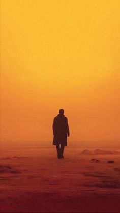 a man is walking in the fog with an orange and yellow sky behind him as the sun sets