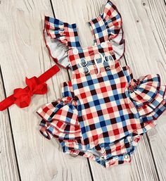 This is an adorable checkered romper with an option with your personalization on it or you can choose to leave blank.  This romper is made from a cotton blend soft terylene spandex fabric.  The colors in person are gorgeous. These are red white and off white or cream.  Personalization is made from a Vinyl cut machine so the name is cut out of vinyl.  The name is done in a white vinyl or you can specify Plastic backing is removed. Sample photos show a plastic backing. Please note Headband is sold Cute Summer Plaid Bubble Romper, Plaid Cotton Bubble Romper For Summer, Summer Cotton Plaid Bubble Romper, Summer Plaid Cotton Bubble Romper, Patriotic Clothing, 4th Of July Outfit, Patriotic Outfit, 4th Of July Outfits, Ruffle Romper