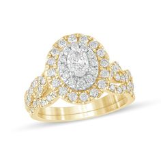 A dazzling look, this diamond bridal set shines with the bliss of your wonderful romance. Created in warm 10K gold, the bold engagement ring showcases a 1/3 ct. oval-shaped diamond sparkling in a double diamond-lined frame. Along the split shank, diamond shimmer along twist ribbons. Seal your vows with the contoured diamond wedding band. Radiant with 1-1/2 cts. t.w. of diamonds and a brilliant buffed luster, this bridal set celebrates your love. Oval Diamond Bridal Sets For Anniversary, Oval Brilliant Cut Bridal Sets For Anniversary, Oval Bridal Sets With Center Stone For Anniversaries, Oval Diamond Bridal Sets With Center Stone, Oval Diamond Ring With Diamond Accents For Marriage, Oval Diamond Ring With Accents For Marriage, Oval Diamond Bridal Sets For Wedding, Bold Engagement Rings, Center Stone Engagement Ring