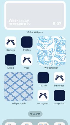 a blue and white poster with different types of items on it's back side