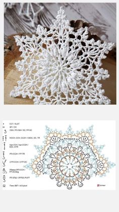 the snowflake is made with crochet, and it looks like an intricate piece