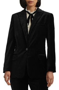 This sharply tailored blazer is ready for your next occasion thanks to soft velour composition and classic peaked lapels. Front button closure Peaked lapels Four-button cuffs Chest welt pocket Front flap pockets Back vent Lined 98% cotton, 2% elastane Machine wash, tumble dry Imported Velvet Blazer With Button Closure For Formal Occasions, Formal Velvet Blazer With Button Closure, Tailored Velvet Blazer For Formal Occasions, Formal Tailored Velvet Blazer, Velvet Tuxedo Blazer With Notch Lapel, Classic Velvet Evening Blazer, Classic Business Velvet Outerwear, Classic Velvet Outerwear For Business, Classic Velvet Business Outerwear