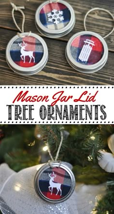 mason jar lid ornament hanging from a christmas tree with the words mason jar lid ornaments