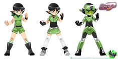 three different poses of an anime character in green and black outfits, one with her hands up