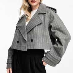 Size 8, Grey Pinstriped, Cropped Tailored Jacket Never Worn With Tags Double-breasted Cropped Jacket For Winter Workwear, Cropped Winter Blazer With Pockets, Cropped Blazer With Pockets For Winter, Collared Cropped Jacket For Winter Workwear, Winter Workwear Collared Cropped Jacket, Trendy Cropped Fall Blazer, Chic Cropped Winter Outerwear, Trendy Cropped Blazer For Fall, Casual Cropped Winter Blazer