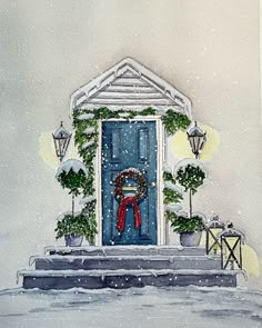 a watercolor painting of a blue door with a red ribbon and wreath on it