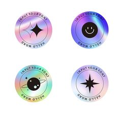 four circular stickers with different types of stars and planets on them, all in rainbow hues