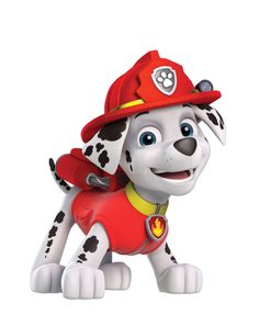 a cartoon dog wearing a fireman's hat and holding onto a red object