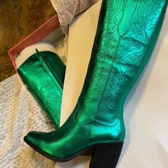 Brand New Beautiful Boots. This Color Is Gorgeous. Got Them For A Concert But Ended Up Not Going. Love The Heel Green Snip Toe Boots For Spring, Green Boots With Stacked Heel And Round Toe, Casual Almond Toe Boots For Party, Casual Green Boots With Block Heel, Snip Toe Boots With Stacked Heel For Party, Party Boots With Stacked Heel And Snip Toe, Casual Snip Toe Boots For Party, Green Almond Toe Boots For Spring, Spring Green Almond Toe Boots