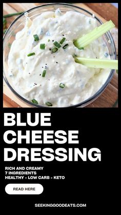 blue cheese dressing in a glass bowl with celery on the side