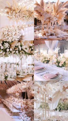 a collage of wedding decorations and tables with white flowers, feathers, and candles