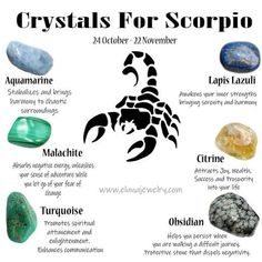 crystals for scorpios with their meanings and names on it, including the zodiac sign