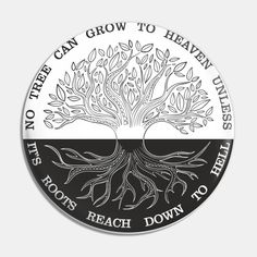 the tree of life is shown in black and white on a round sticker that says,