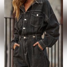 Nwtg - M/L Black Denim Jumpsuit With Button Closure, Black High-waisted Denim Overalls, Spring Black High Waist Denim Jumpsuit, Spring High Waist Black Denim Jumpsuit, Spring Black High-waist Denim Jumpsuit, Spring High-waist Black Denim Jumpsuit, High Rise Black Overalls For Spring, Black High-waisted Denim Jumpsuit With Pockets, Black Jumpsuits And Rompers With Pockets For Fall