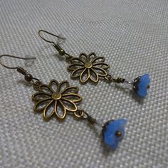 Whimsical Flower With Blue Flower & Crystal Bead Handmade Antique Bronze Dangle Earrings (1 1/4" Drop) #513c All Of My Jewelry Is Handmade By Me In My Smoke & Pet Free Home!!!!!! Please Note That Every Item Purchased Comes In A Drawstring Organza Bag For Easy Gift Giving!!! Please Note That I Will Consider Any Reasonable Offer On My Jewelry!!!!!!!!!! Please Let Me Know If You Have Any Further Questions. Thanks For Stopping By And Have A Terrific Day!!!! Blue Bohemian Flower Earrings, Vintage Blue Flower Earrings, Nickel-free, Blue Vintage Flower Earrings Nickel-free, Vintage Blue Flower Earrings Nickel Free, Bohemian Czech Glass Flower Earrings, Bohemian Hypoallergenic Adjustable Flower Earrings, Bohemian Light Blue Flower Jewelry, Adjustable Blue Flower Earrings With Czech Glass, Blue Adjustable Nickel-free Flower Earrings