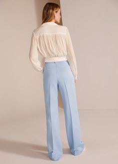 Light Blue Slacks Outfit Women, Light Blue Pants Outfit, Light Blue Trousers, Blue Pants Outfit, Slacks Outfit, Retro Trousers, Light Blue Pants, Pink Peacock, Peacock Color