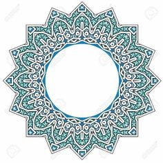 an intricate blue and white pattern with a round frame in the center on a white background