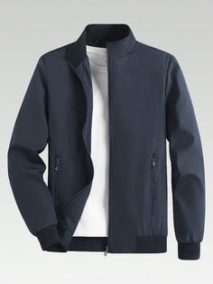 Jaqueta Casual de Negócios Masculina com Gola Alta Azul Marinho   Manga Comprida Tecido Simples Nenhum Não elástico  Men Outdoor Apparel, size features are:Bust: ,Length: ,Sleeve Length: Simple Jacket, Business Jacket, Mens Outdoor Jackets, Navy Blue Long Sleeve, Outdoor Men, Outdoor Jacket, Blue Long Sleeve, Casual Coat, Outdoor Apparel