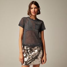 J.Crew: Sheer Metallic Sweater-tee For Women Trendy Metallic Tops For Party Season, Sequin Crew Neck Sweater, Trendy Shiny Top For Night Out, Trendy Shiny Tops For Night Out, Casual Sequin Party Sweater, Metallic Shiny Top For Party Season, Crew Neck Top For Night Out In Fall, Fall Crew Neck Top For Night Out, Chic Shimmer Top For Fall