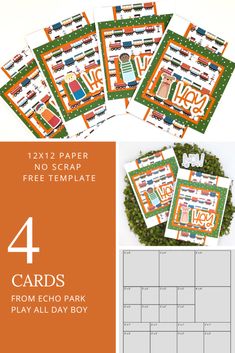 four orange and green printable cards with the text 4x2 paper no scrap free template