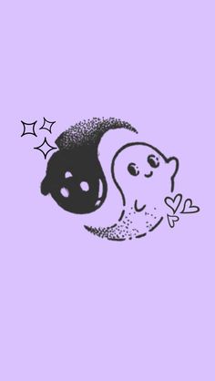 a drawing of a ghost and a cat on a purple background