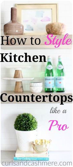 the kitchen countertop is decorated with books and vases