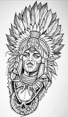 Aztec Tattoo Sketch, Aztec Warrior Drawing, Aztec Tattoo Designs For Women Beautiful, Aztec Goddess Tattoo, Tattoo Sleeve Stencils, Aztec Drawing Sketches, Aztec Warrior Drawing Sketches, Aztec God Drawing, India Tattoo