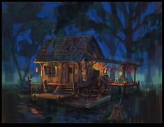 a painting of a boathouse on the water at night with lanterns hanging from it's roof