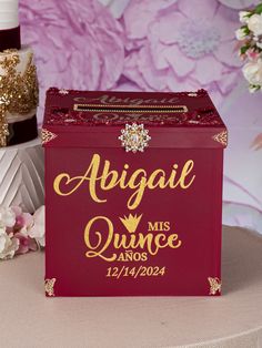 Burgundy Quinceanera Money Card Box Burgundy And Gold Dress, Kneeling Pillow, Burgundy Quinceanera, Burgundy Quinceanera Dresses, Money Card Box, Charro Quince, Quinceanera Bouquet, 15 Candles, Quinceanera Tiaras