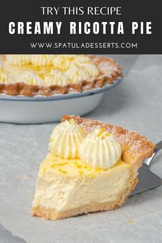 a piece of pie with whipped cream on top and a fork next to the pie