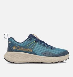 the columbia trail running shoe in blue and yellow, with an outstep on the sole