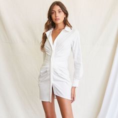 White Shirt Dress, Small, Nwt White Fitted Shirt Dress For Night Out, White Casual Shirt Dress For Night Out, White Button-up Mini Dress For Night Out, White Long Sleeve Shirt Dress For Night Out, Casual White Shirt Dress For Date Night, White Mini Length Shirt Dress For Date Night, White Button-up Mini Dress For Date Night, Fitted White Cotton Shirt Dress, White Mini Shirt Dress For Date Night