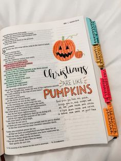 an open bible with pumpkins on it and the words, thanksgiving are like pumpkins